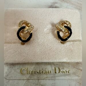Christian Dior Black Enamel with Rhinestones Chain Motif Clip-On Earrings